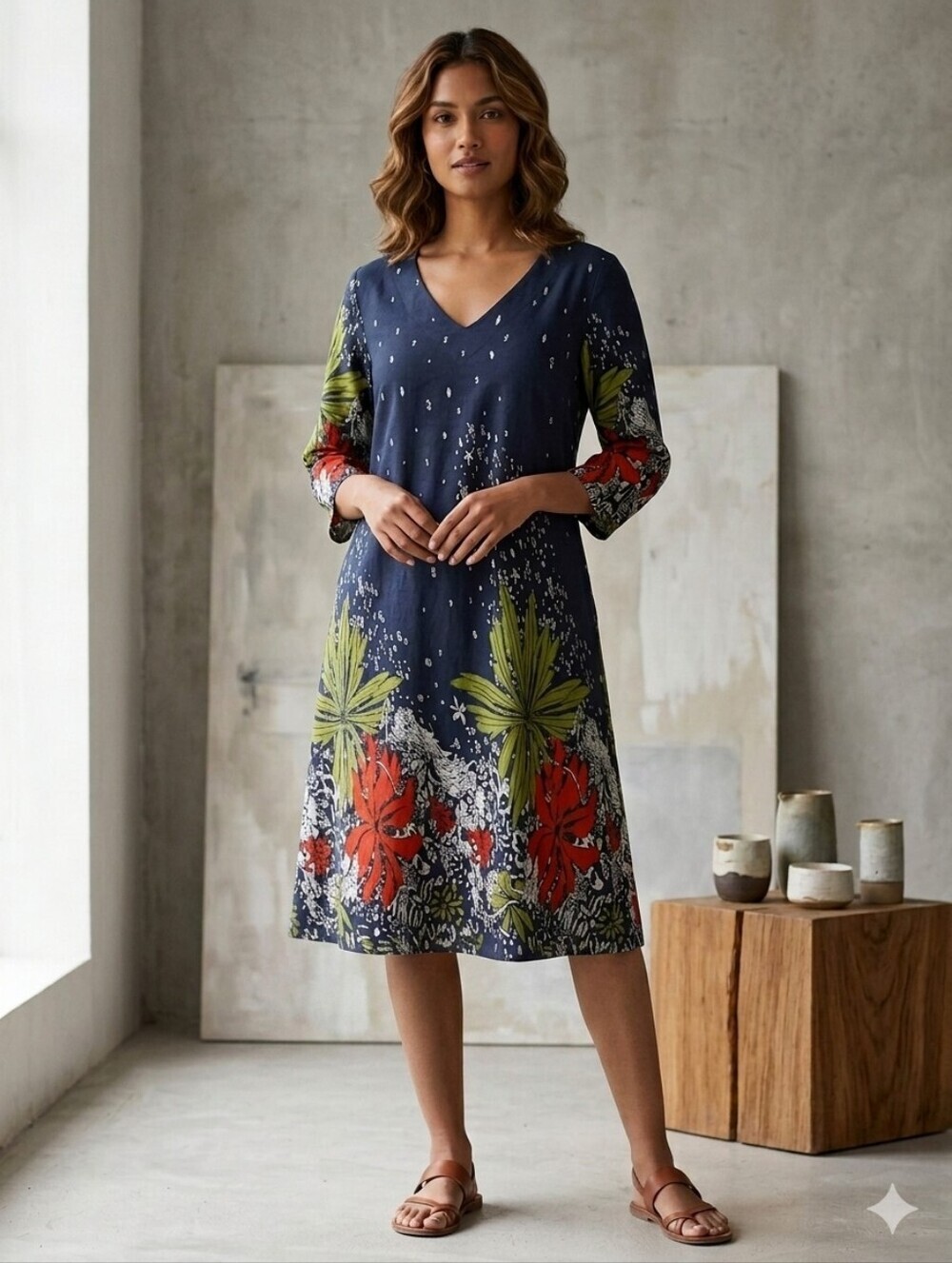 Floral Print Women's A Line Navy Midi Dress Sz Med Large